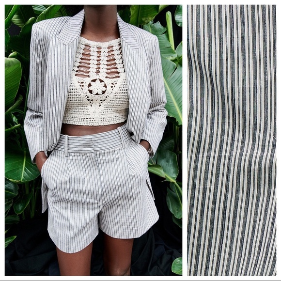 NWT. Zara Rustic Striped Pleated High Waist Shorts. Size S. - Picture 2 of 11